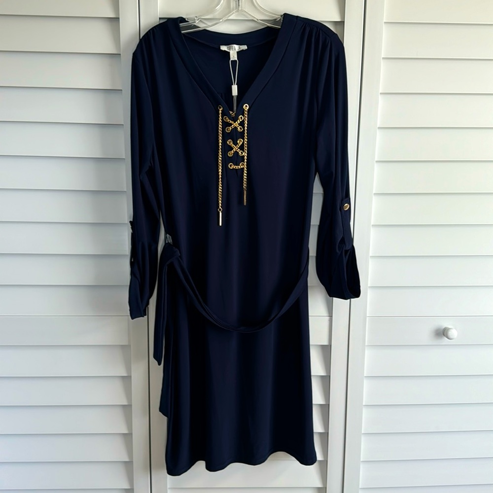 Spense NWT navy shirt dress w/ gold chain laced and tab sleeves. Size 12